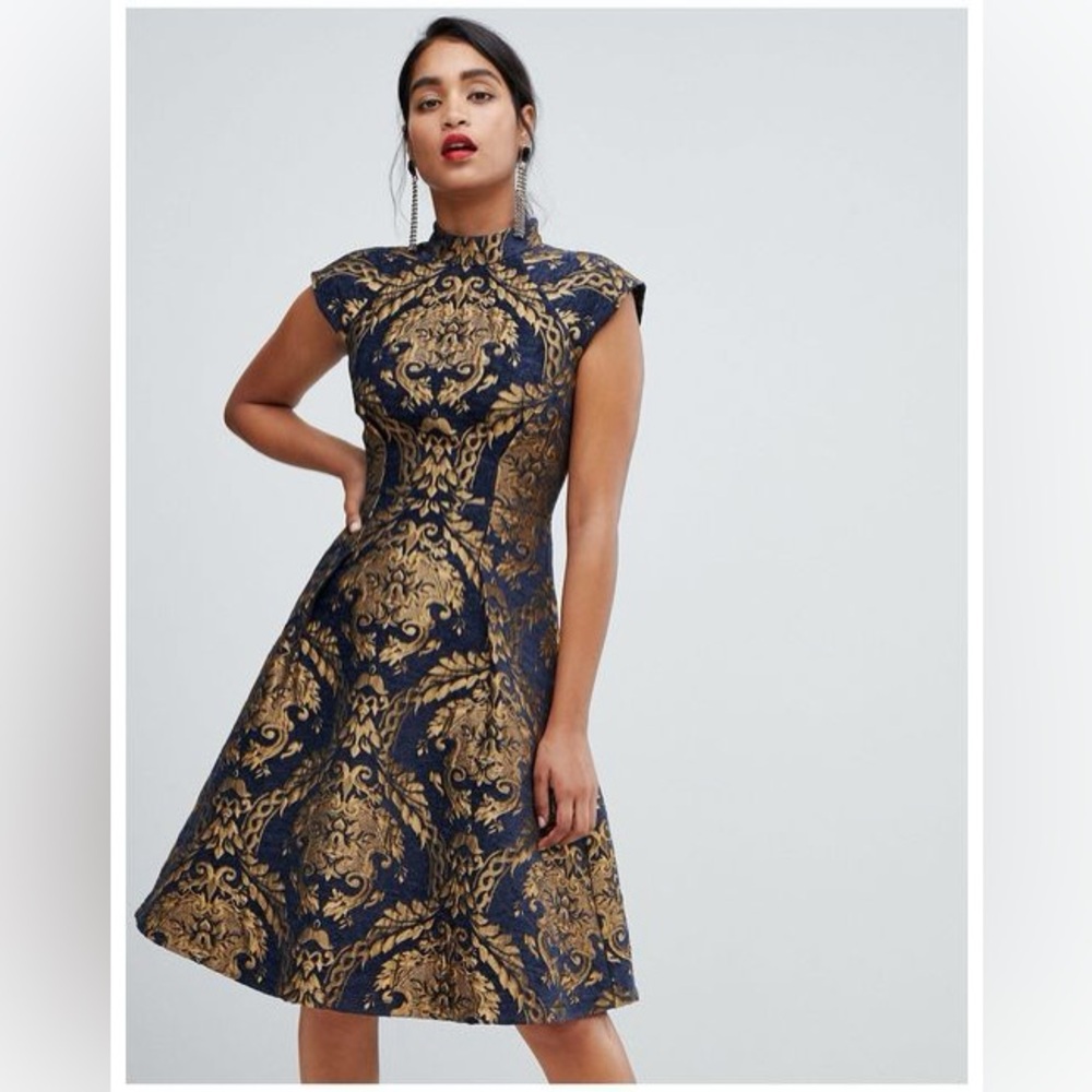 Chi Chi London Leila Dress, gold & navy brocade detail. Excellent condition.